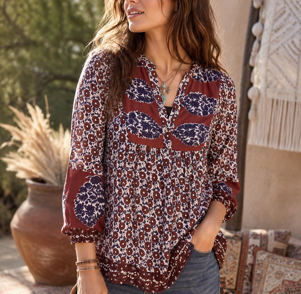 Lucky Brand Annabelle Popover Top Size XS Mixed Print Floral Peasant Boho Blouse